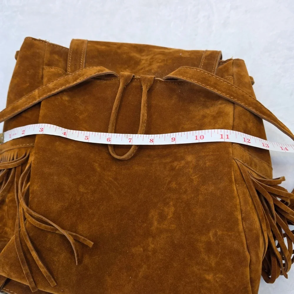 Cognac Brown Suede Fringe Backpack Boho Western Drawstring Bag Women